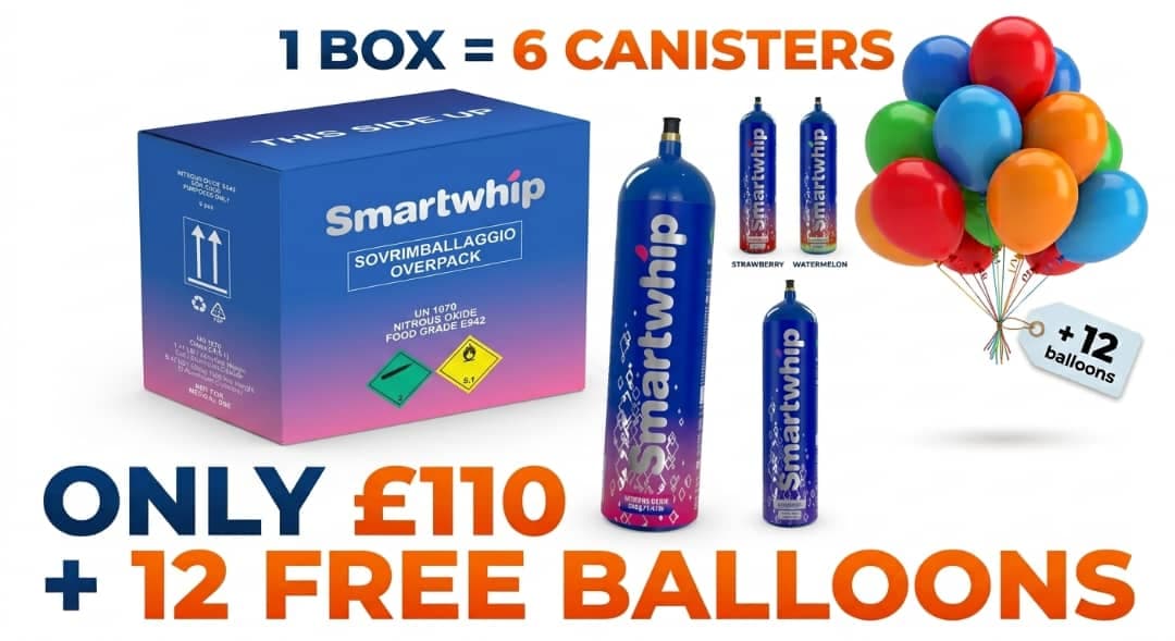 Smartwhip 640g Nitrous Oxide Cream Chargers (Pack of 6) + 12 Free Decorative Balloons