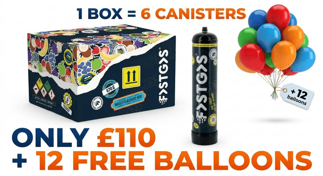 Fast Gas 666g Nitrous Oxide Cream Chargers (Pack of 6) + 12 Free Decorative Balloons